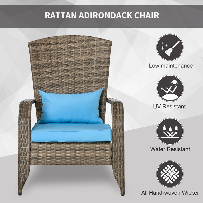 Outsunny - Patio Wicker Adirondack Chair, Outdoor PE Rattan Fire Pit Chair, Muskoka Chair w/ Soft Cushions, Tall Curved Backrest and Comfortable Armrests for Deck Garden, Blue