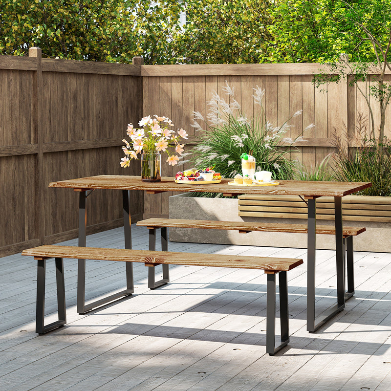 Outsunny - Picnic Table and Bench Set for 6 Persons with 2" Umbrella Hole, Slatted Top & Steel Frame, for Party, BBQ, Patio, Lawn