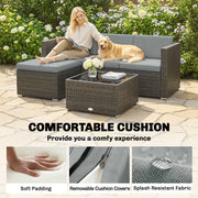 Outsunny - 3 Pieces Patio Furniture Set with Cushions, Outdoor PE Rattan Wicker Conversation Corner Sofa Set with Glass Top Table