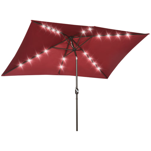 Outsunny - 6.5x10ft Patio Umbrella Rectangle Solar Powered Tilt Aluminum Outdoor Market Parasol with LEDs Crank (Wine Red)