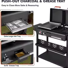 Double-lid stainless steel charcoal and grill combination with two side shelves for outdoor kitchen and backyard barbecue