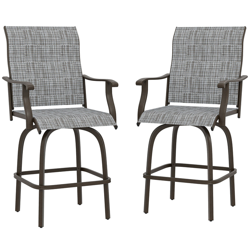 Outsunny - Outdoor Bar Stools Set of 2, Swivel Bar Height Chairs with High Back, Curved Armrests and Steel Frame, Mixed Grey