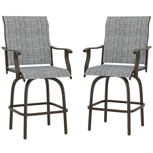 Outsunny - Outdoor Bar Stools Set of 2, Swivel Bar Height Chairs with High Back, Curved Armrests and Steel Frame, Mixed Grey