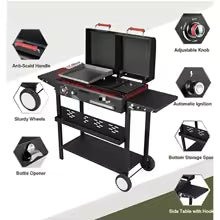 Double-lid stainless steel charcoal and grill combination with two side shelves for outdoor kitchen and backyard barbecue