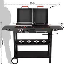 Double-lid stainless steel charcoal and grill combination with two side shelves for outdoor kitchen and backyard barbecue