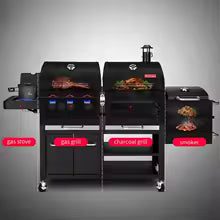 Outdoor Large Gas and Charcoal Grill Heavy Duty Trolley BBQ Smoker Smokeless Combo Commercial Barbecue BBQ Grills
