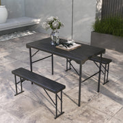 Outsunny - Folding Picnic Table with 2 Benches, 3-Piece Portable Outdoor Picnic Table Bench Set for 4, Patio Dining Table Set with Plastic Top, Steel Frame for Garden, Dark Grey