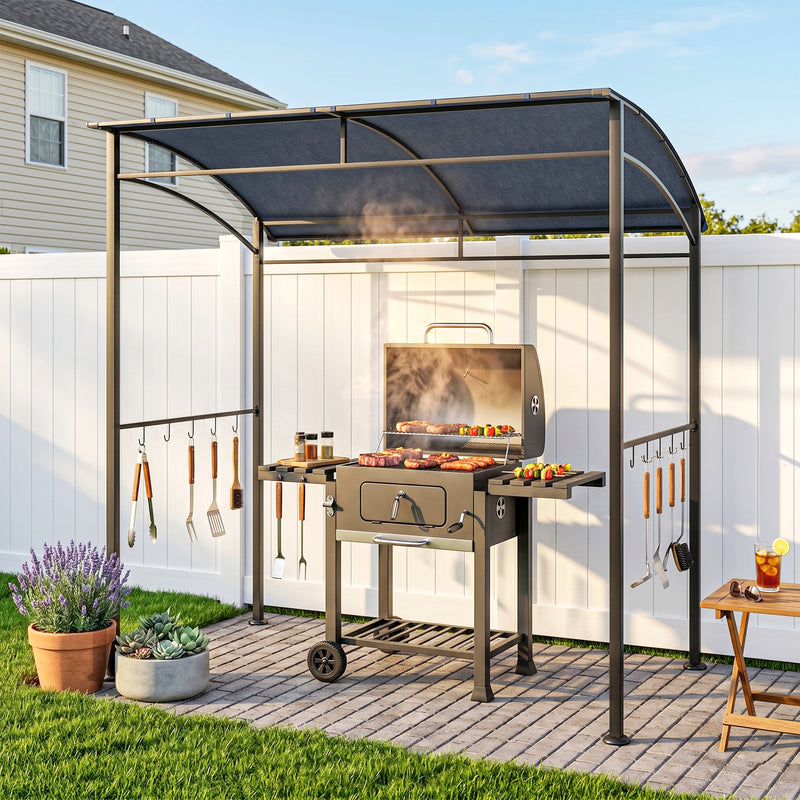 Outsunny - 7' x 5' BBQ Grill Gazebo Tent, Garden Grill Canopy with Steel Frame and Hooks, Outdoor Sun Shade, Grey