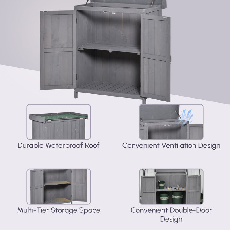 Wooden Garden Tool Storage Shed Kit with Hinged Roof, 2-Tier Shelves and Double Doors, 74x43x88cm, Dark Grey