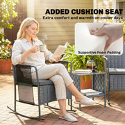 Outsunny - 3 Pieces Rocking Bistro Set Outdoor Patio Furniture Set with Side Pockets, Mesh Seat, Cushions, 2-Tier Table, Grey