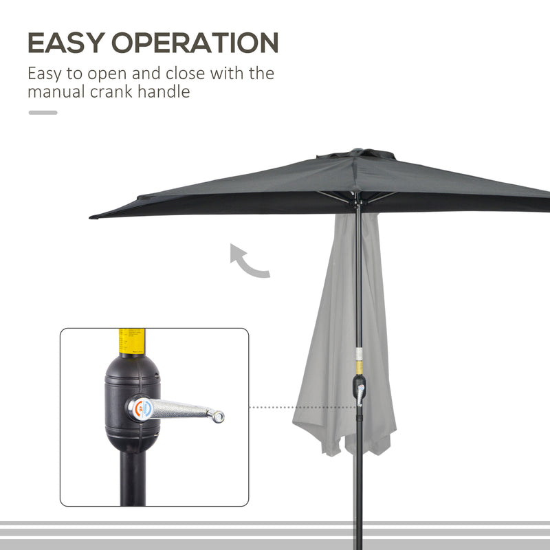 Outsunny - 9.8ft Half Umbrella Semi Round Patio Parasol with Crank Handle, Top Vent for Garden, Balcony - NO BASE INCLUDED, Black — 84D-008V00BK