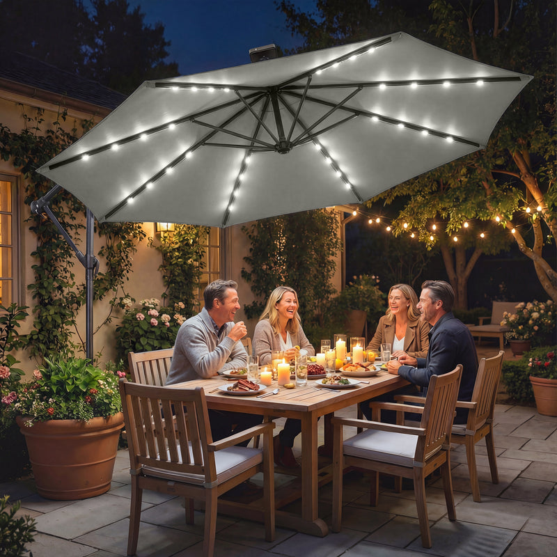 9.7 ft Cantilever Patio Umbrella with Solar Light, Garden Hanging Parasol with Cover, Tilt, Crank, Grey