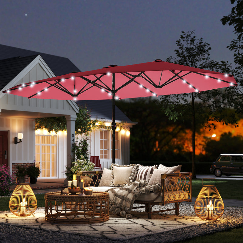 Outsunny - 173.2" Double-Sided Sun Umbrella Garden Parasol Patio Sun Shade Outdoor with LED Solar Light, No Base Included, Wine Red — 84D-106WR