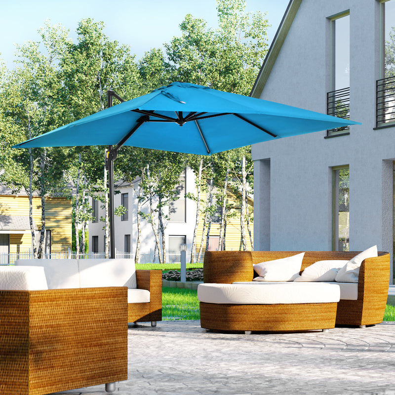 Outsunny - 8' x 8' Square Patio Hanging Offset Umbrella with 360° Rotation, Aluminum Outdoor Cantilever Market Parasol, Turquoise — 84D-051V00TU