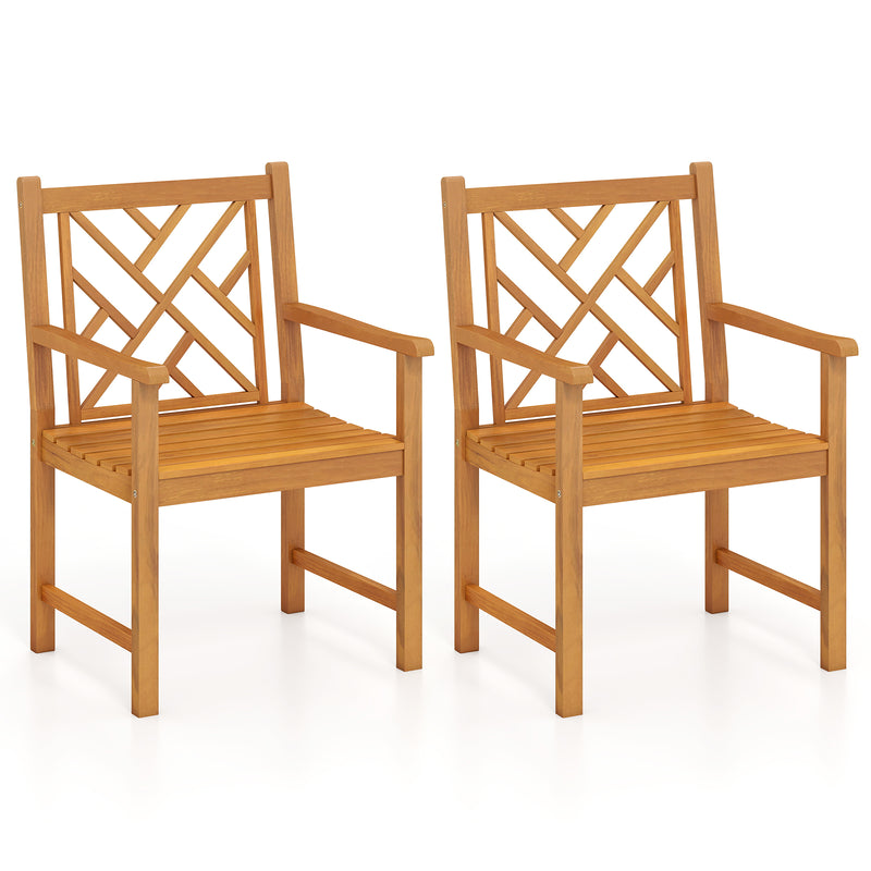 Costway - Set of 2 Outdoor Dining Chairs Acacia Wood with Cross-Pattern Backrest