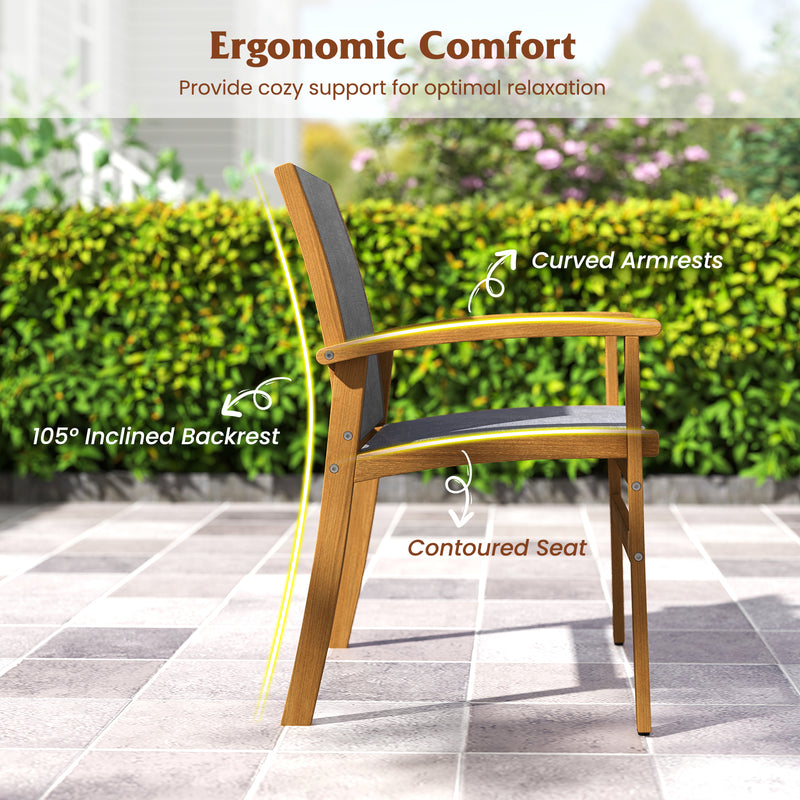 Costway - Set of 2 Patio Dining Chairs with Breathable Fabric and Acacia Wood Frame