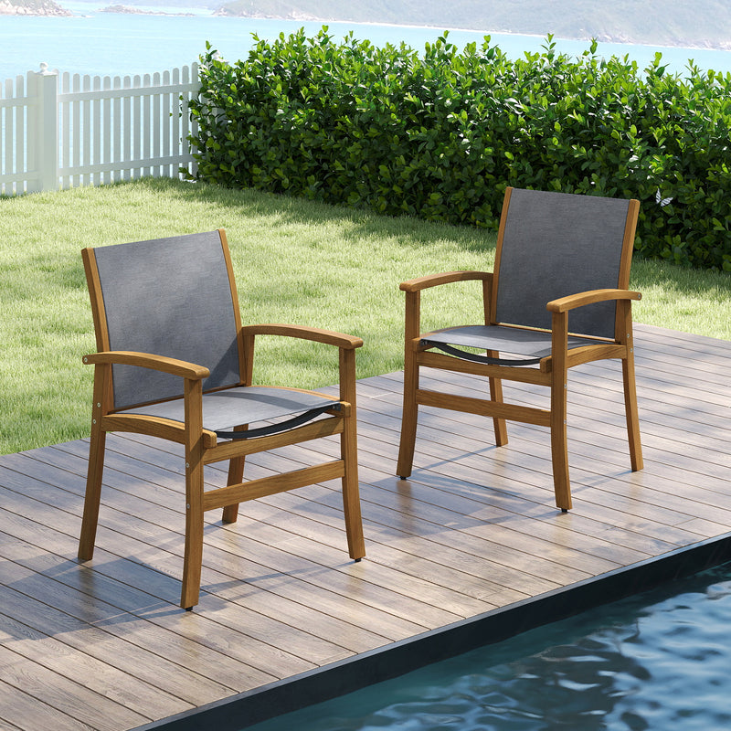 Costway - Set of 2 Patio Dining Chairs with Breathable Fabric and Acacia Wood Frame