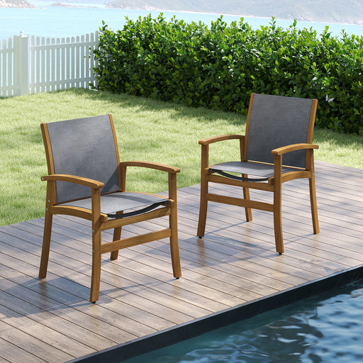 Costway - Set of 2 Patio Dining Chairs with Breathable Fabric and Acacia Wood Frame