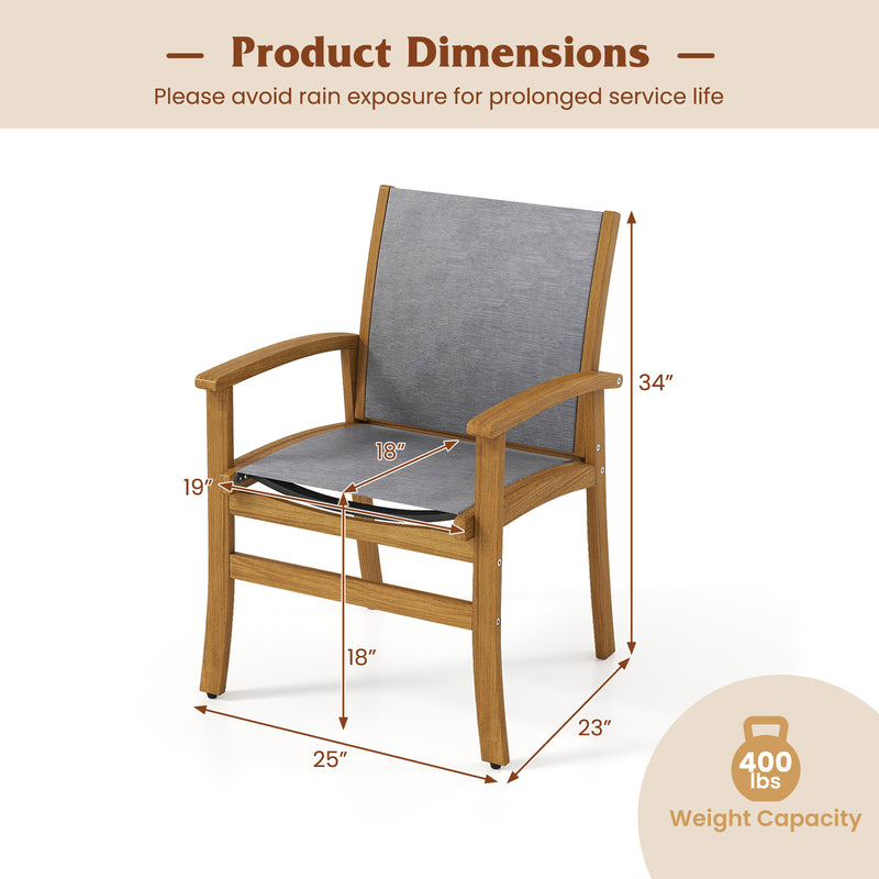 Costway - Set of 2 Patio Dining Chairs with Breathable Fabric and Acacia Wood Frame