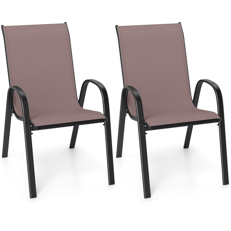 Costway - Set of 2 Stackable Patio Dining Chairs Set with Armrest-Brown