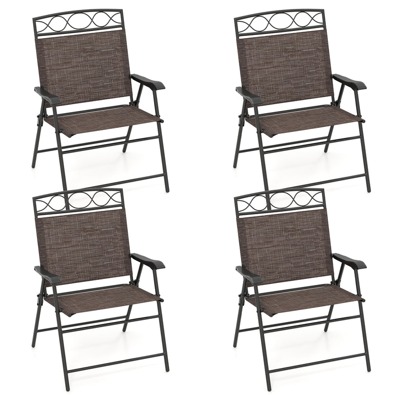 Costway - Set of 4 Patio Folding Chairs Set Dining Chairs with Armrests-Brown