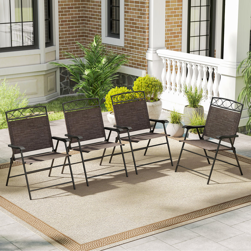 Costway - Set of 4 Patio Folding Chairs Set Dining Chairs with Armrests-Brown