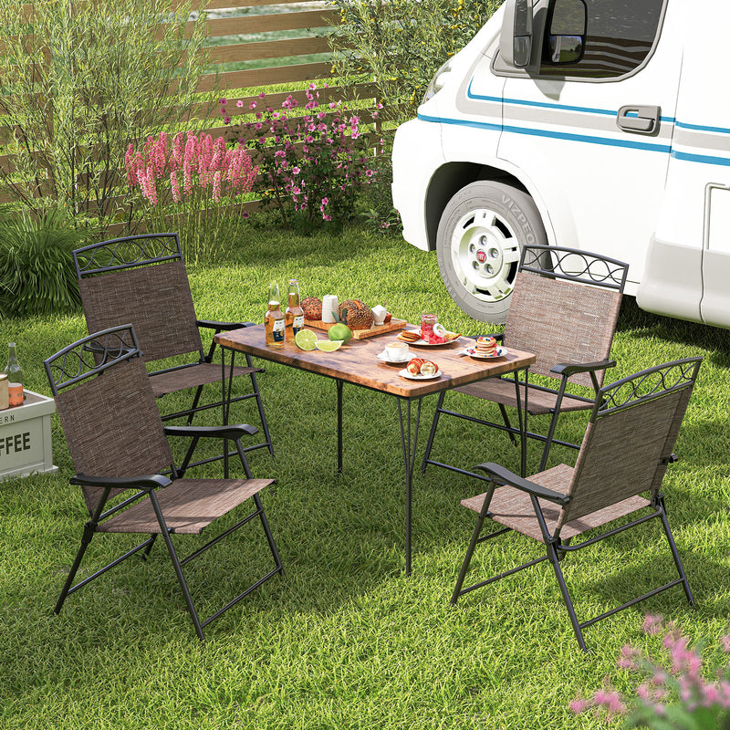 Costway - Set of 4 Patio Folding Chairs Set Dining Chairs with Armrests-Brown