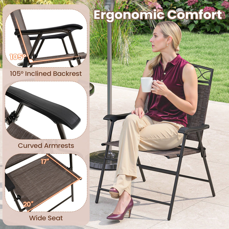 Costway - Set of 4 Patio Folding Chairs Set Dining Chairs with Armrests-Brown