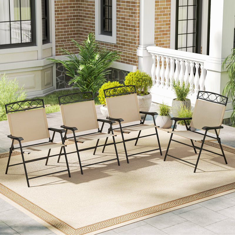 Costway - Set of 4 Patio Folding Chairs Set Dining Chairs with Armrests-Beige
