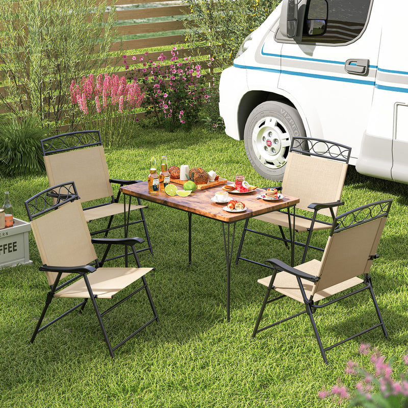 Costway - Set of 4 Patio Folding Chairs Set Dining Chairs with Armrests-Beige