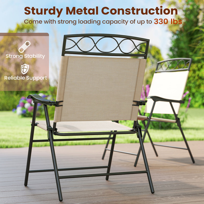 Costway - Set of 4 Patio Folding Chairs Set Dining Chairs with Armrests-Beige