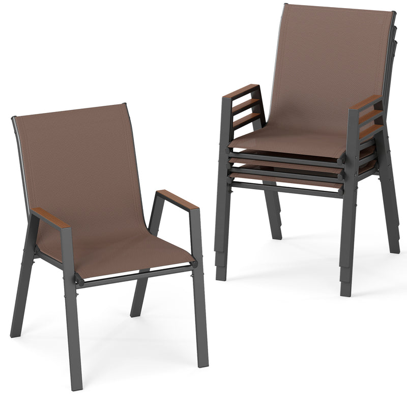Costway - Set of 4 Stackable Patio Chairs with High Backs for Backyard 400 LBS-Brown