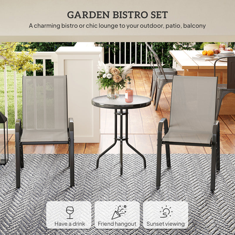 Outsunny - 3 Pieces Bistro Set, Small Patio Furniture Set with Stackable Mesh Chairs, Glass Table for Garden, Balcony, Light Grey