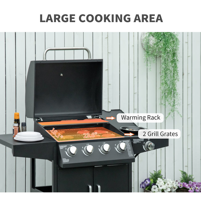 Outsunny - 4+1 Burner Liquid Propane Gas Grill Outdoor Cabinet Style BBQ Trolley w/ Side Burner, Warming Rack, Side Shelf, Storage Cabinet, Thermometer, 4 Wheels, Carbon Steel, Black