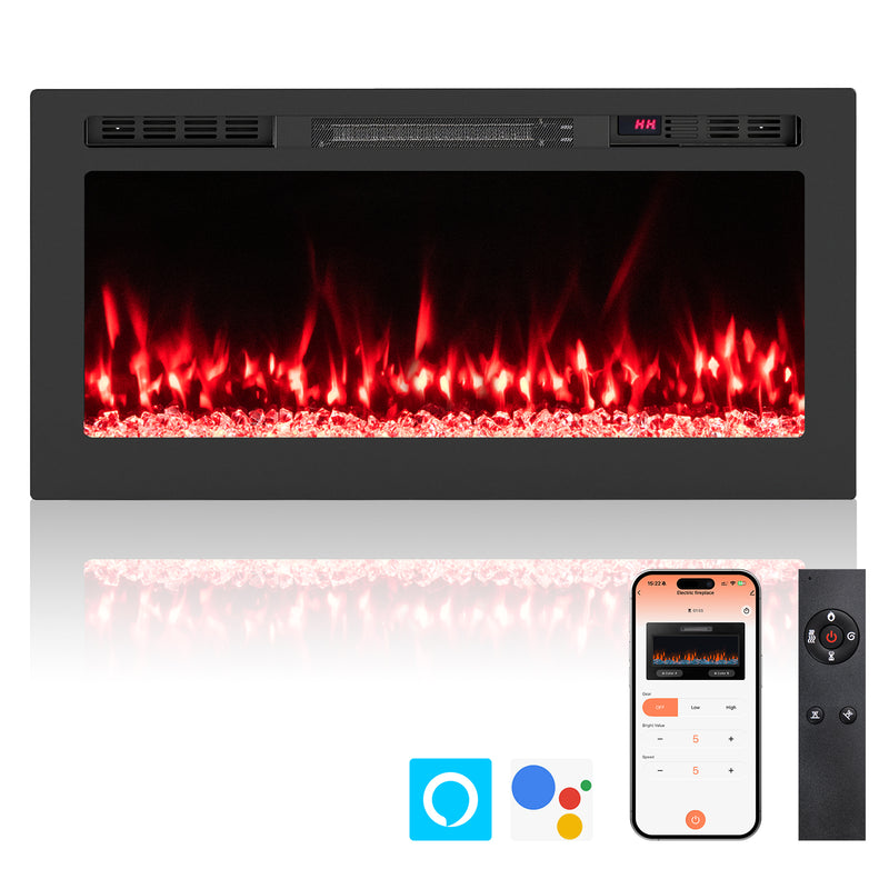 Costway - Smart WiFi Electric Fireplace Wall Mounted & Recessed 750W/1500W Heater-36 Inch