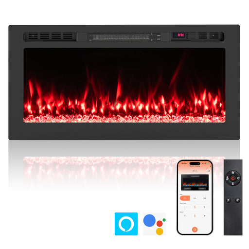 Costway - Smart WiFi Electric Fireplace Wall Mounted & Recessed 750W/1500W Heater-36 Inch