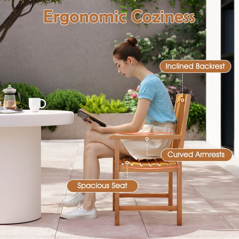 Costway - Solid Acacia Wood Patio Chairs Set of 2 with Slatted Seat and Inclined Backrest for Porch