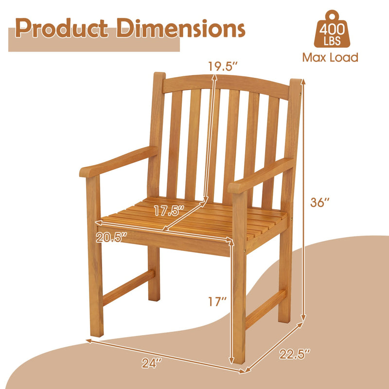 Costway - Solid Acacia Wood Patio Chairs Set of 2 with Slatted Seat and Inclined Backrest for Porch