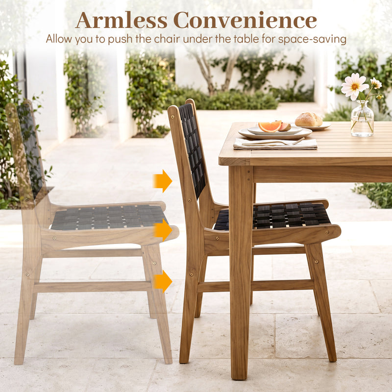 Costway - Solid Teak Hand-Woven Strap Outdoor Dining Chair with Flex Support for Deck Garden