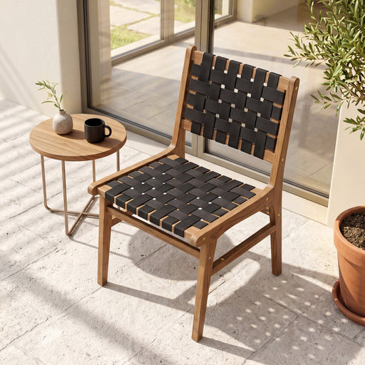 Costway - Solid Teak Hand-Woven Strap Outdoor Dining Chair with Flex Support for Deck Garden