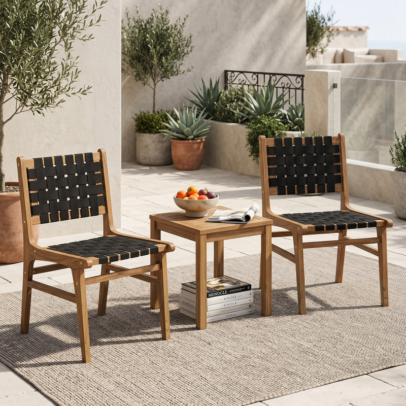Costway - Solid Teak Hand-Woven Strap Outdoor Dining Chair with Flex Support for Deck Garden