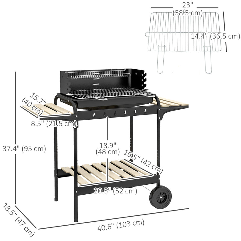 Outsunny - Charcoal Barbecue Grill with Adjustable Grill Height, Portable BBQ Trolley with Ash Catcher and Wheels, Black