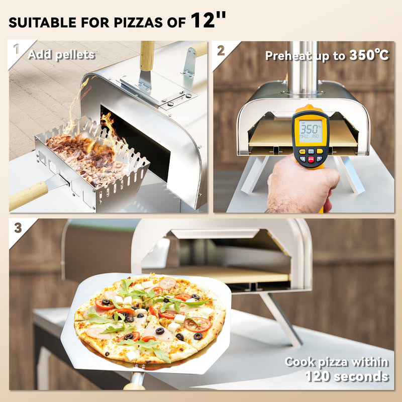 Outsunny - Outdoor Pizza Oven, Portable Wood Pellet Pizza Oven with Pizza Stone and Peel, Foldable Legs, Chimney