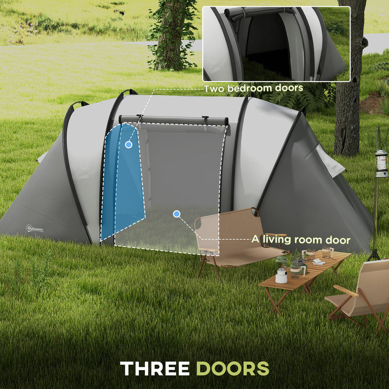 Outsunny - Camping Tent with 2 Bedrooms and Living Area, 3000mm Waterproof Family Tent, for Fishing Hiking Festival, Grey