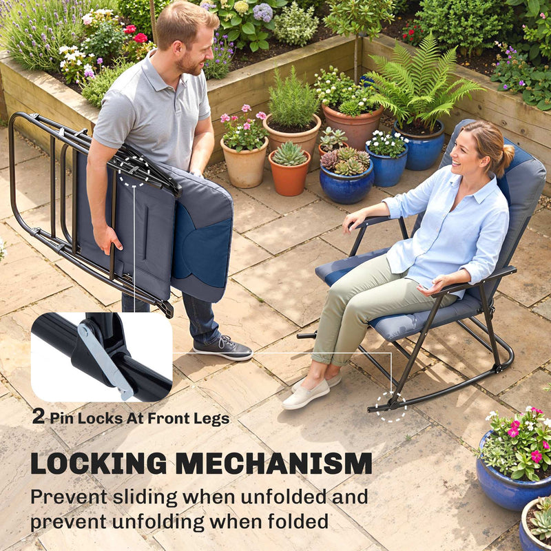Outsunny - Folding Rocking Chair Set of 2 Padded Rockers with Armrest, Navy Blue