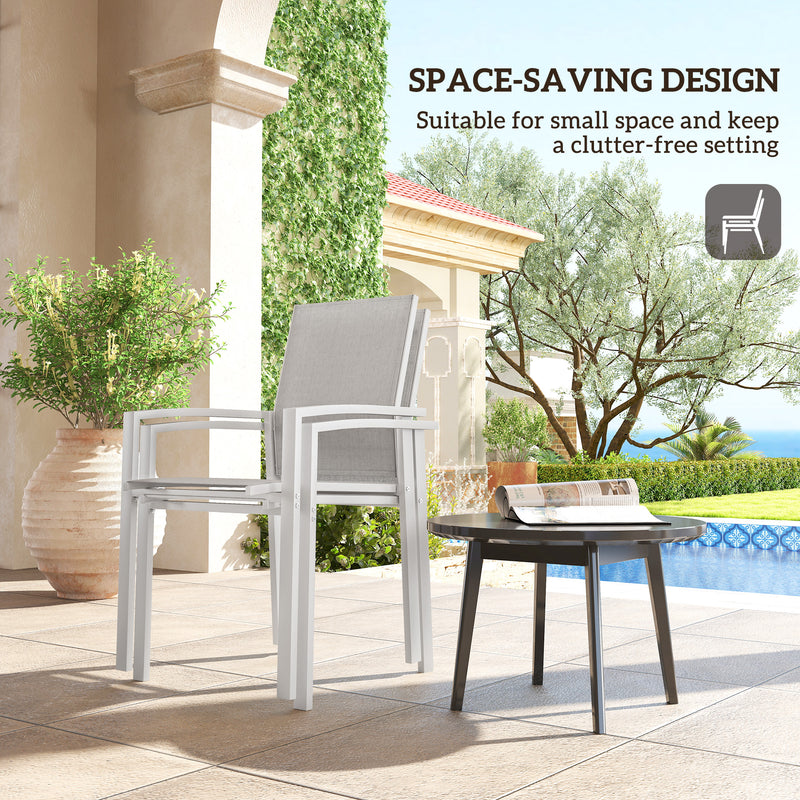 Outsunny - Set of 2 Outdoor Garden Chairs, Stackable Patio Dining Chairs with Breathable Fabric, Armrests and Backrest, Light Grey
