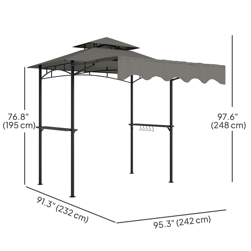 Outsunny - 8' x 7.6' Grill Gazebo, Double Tiered Barbecue Grill Gazebo Shelter w/ Side Awning, 2 Side Shelves, 6 Hooks, Light Grey