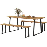 Outsunny - Picnic Table and Bench Set for 6 Persons with 2" Umbrella Hole, Slatted Top & Steel Frame, for Party, BBQ, Patio, Lawn