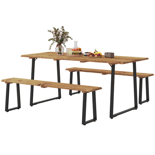Outsunny - Picnic Table and Bench Set for 6 Persons with 2" Umbrella Hole, Slatted Top & Steel Frame, for Party, BBQ, Patio, Lawn