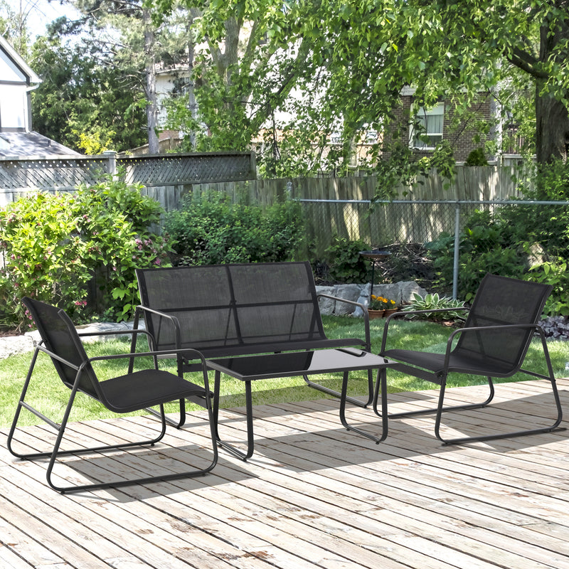 Outsunny - 4 Piece Patio Furniture Set, Outdoor Conversation Set with Loveseat Sofa, Armchairs, Glass Top Coffee Table, Black